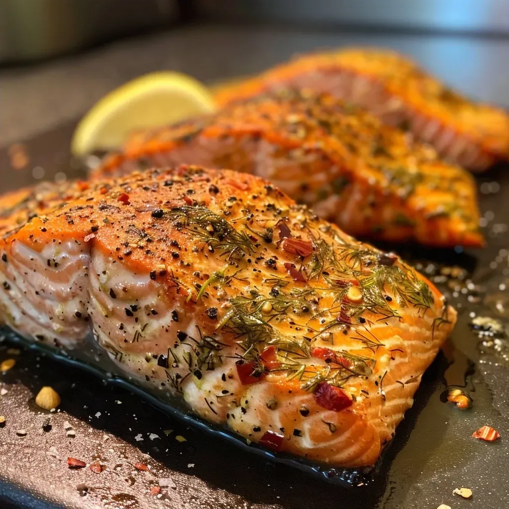 Salmão cozinhando na Air Fryer, temperado com ervas e limão.