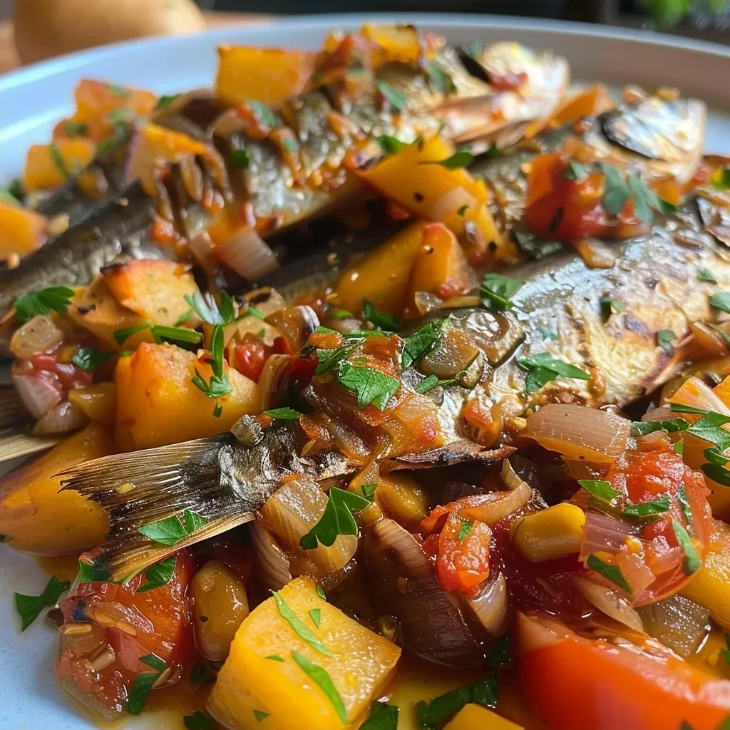 Prato de sardinha assada rodeada por legumes coloridos.