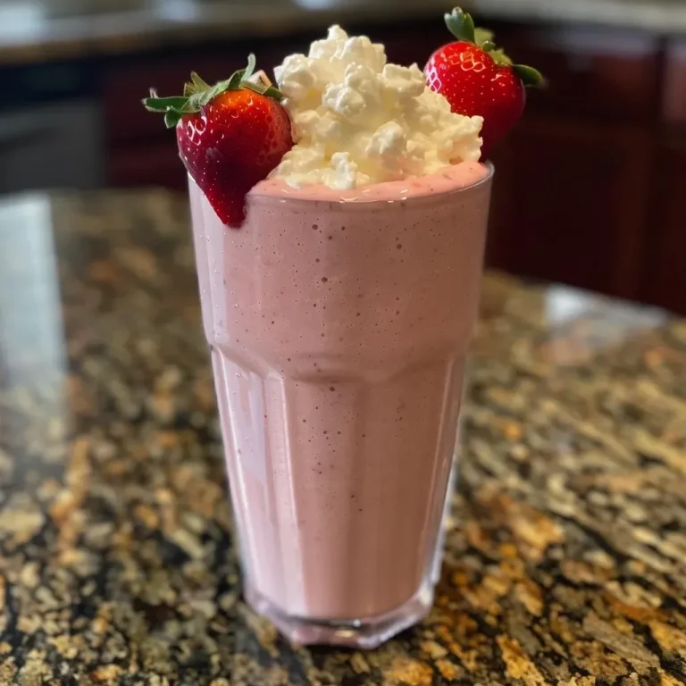 Descubra o Shake de Morango que Vai Energizar Seu Dia! Shake de morango proteico em um copo transparente.