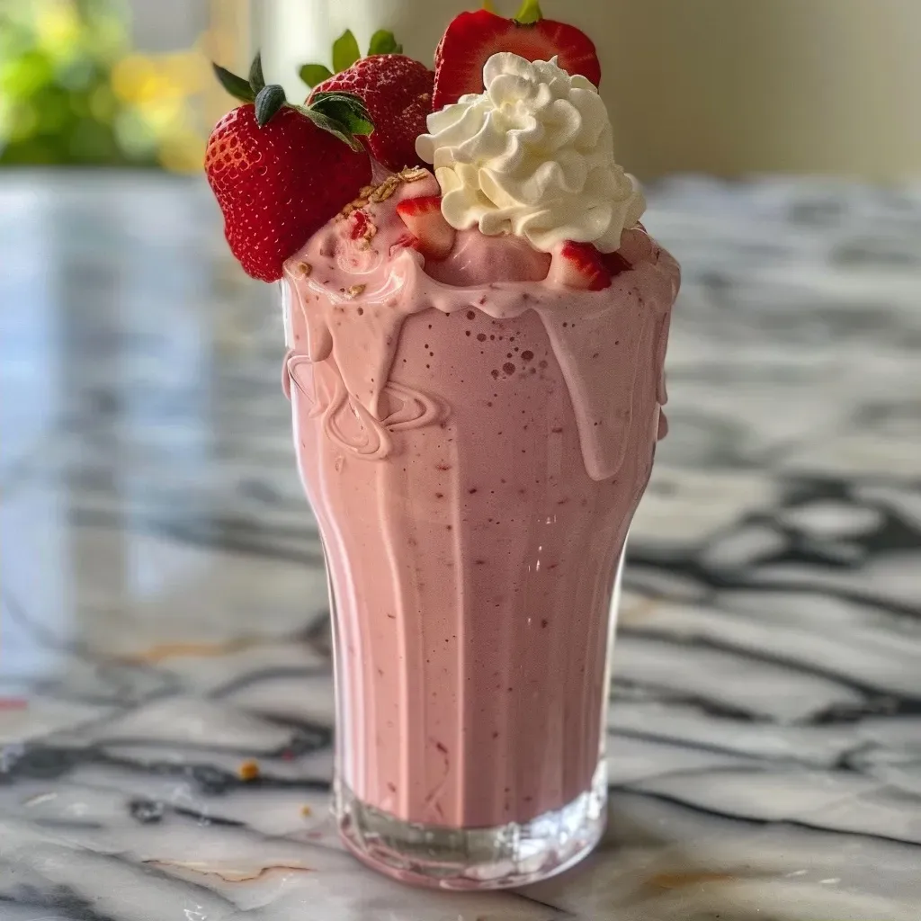 Close-up de um smoothie de morango com creme em cima.