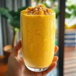 Smoothie de manga com iogurte grego e pasta de amendoim em copo.