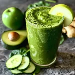 Smoothie verde saudável em um copo, com ingredientes frescos ao fundo.