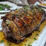 Tender grelhado ao lado de fatias de abacaxi caramelizado.