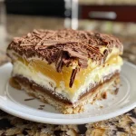 Torta Alemã Cremosa com biscoitos e cobertura de chocolate.