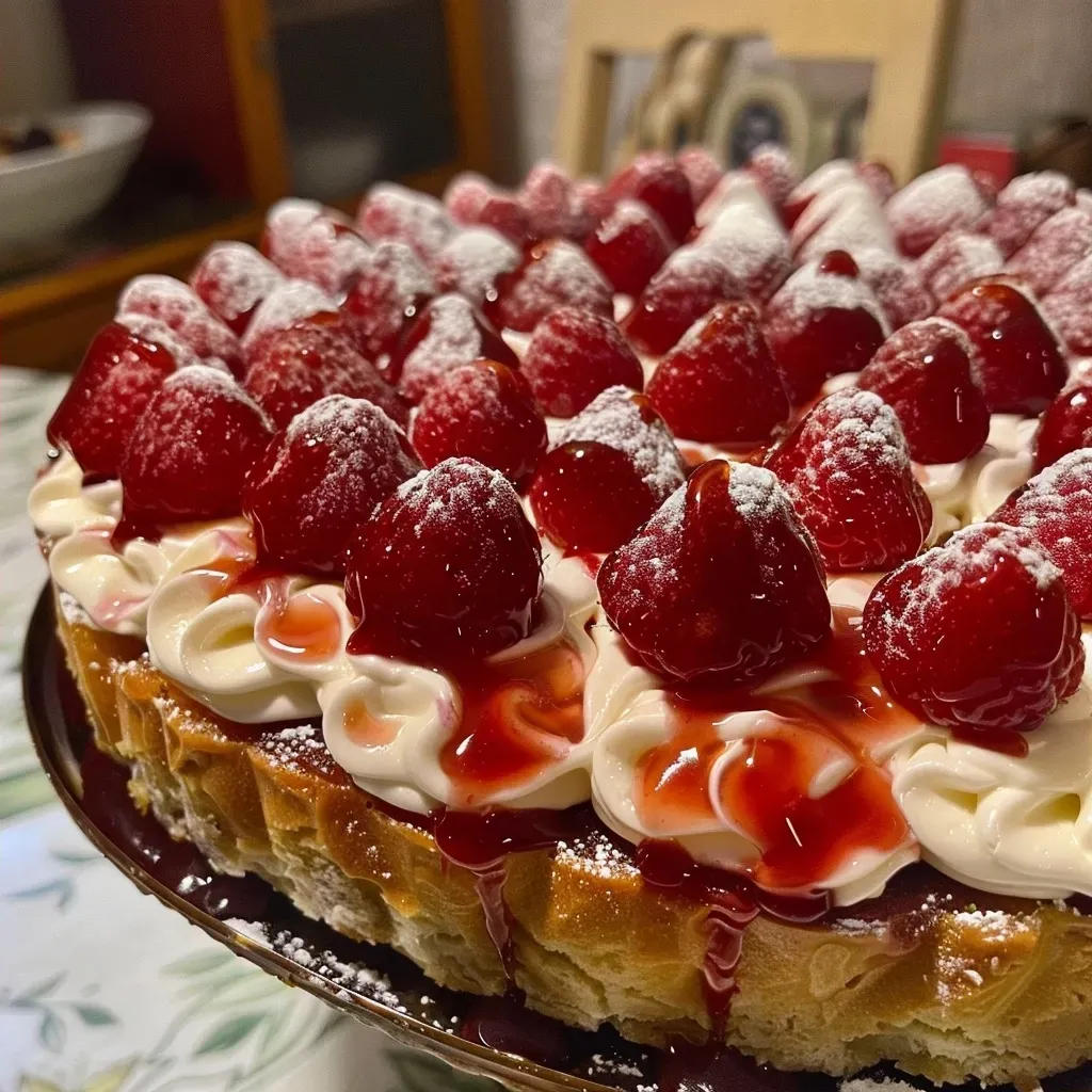 Fatia de torta de morango em close-up, mostrando camadas e textura.