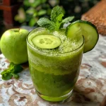 Suco de maçã e pepino em um copo com gelo.