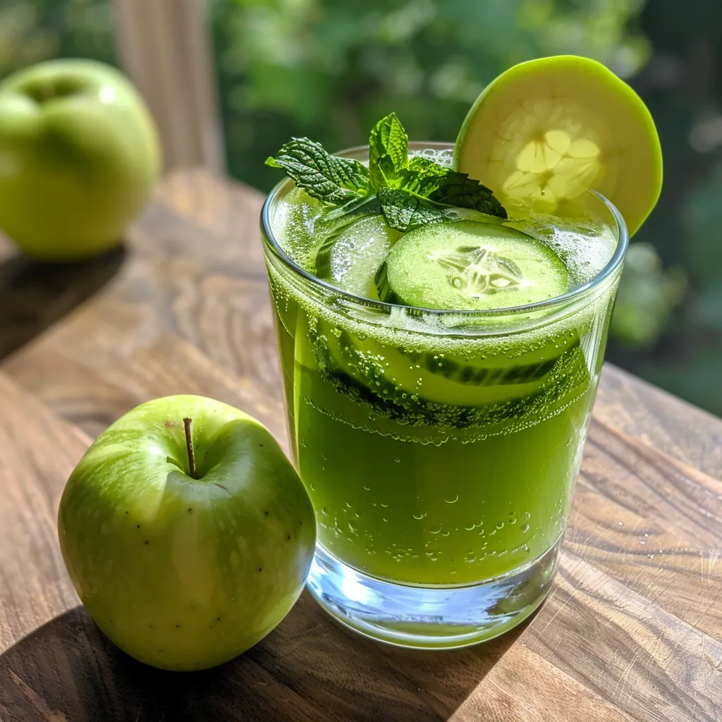 Close de um refrescante suco verde de maçã e pepino.