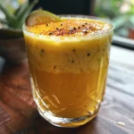 Copo de suco de maracujá com leite condensado em close.