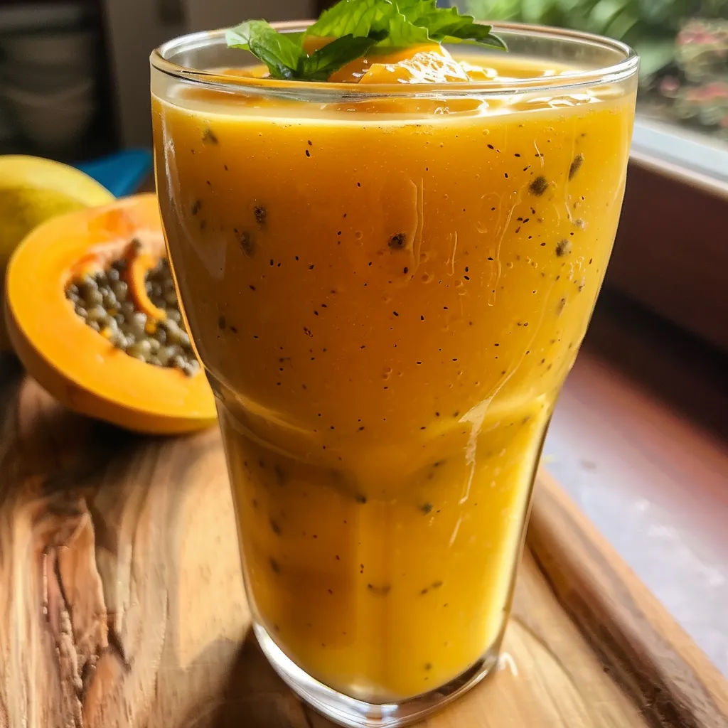 Suco amarelo em um copo com espuma e pedaços de maracujá ao fundo.