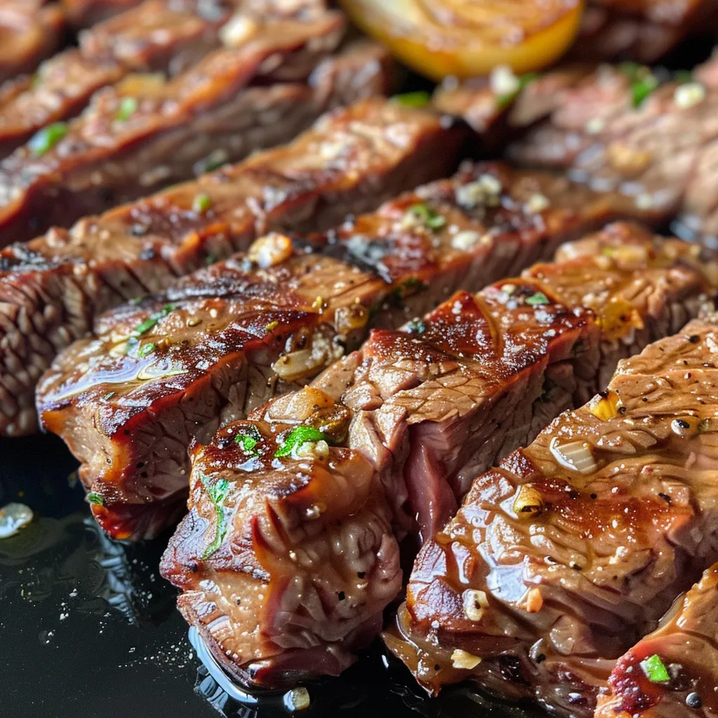 Close-up de maminha assada na cerveja com cebolas caramelizadas.
