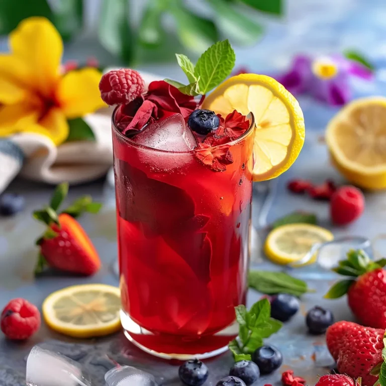 Chá gelado de hibisco com frutas vermelhas em copo transparente.