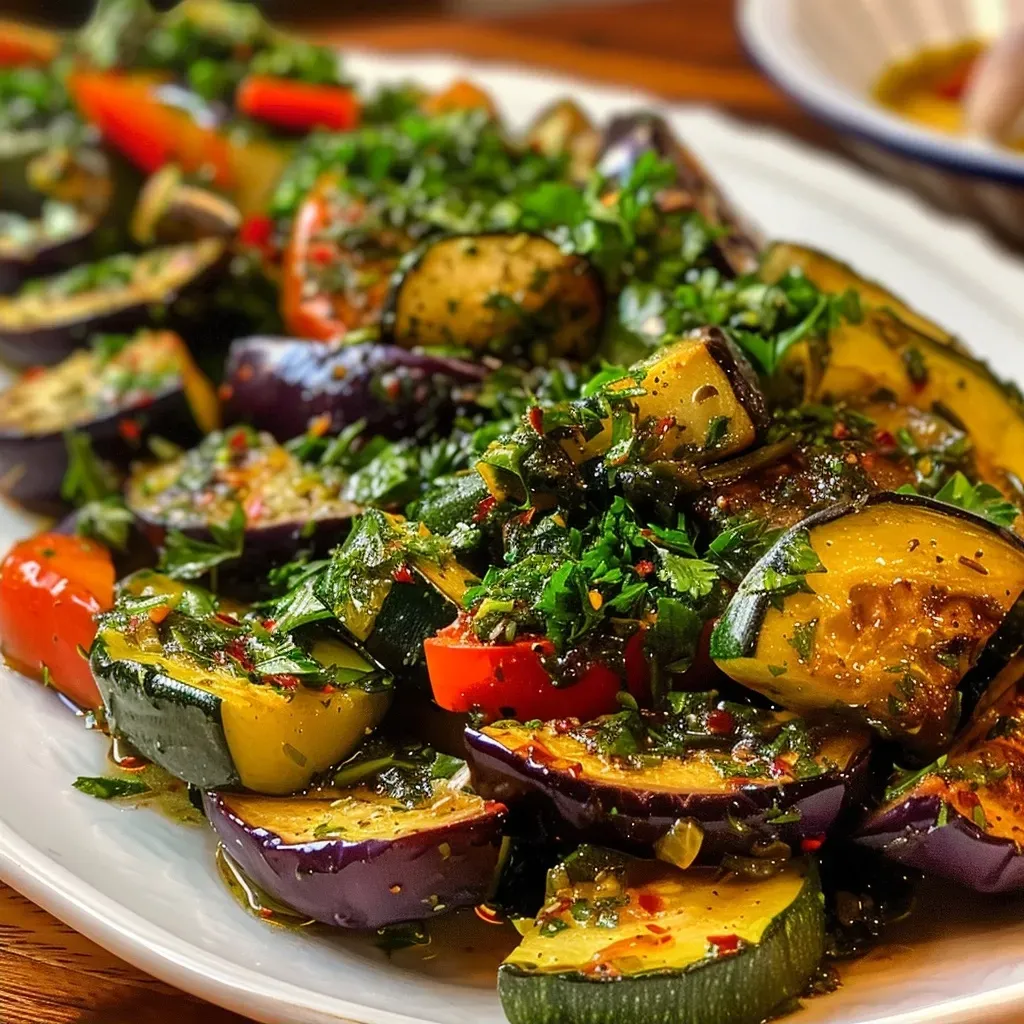 Prato de vegetais grelhados com molho chimichurri.