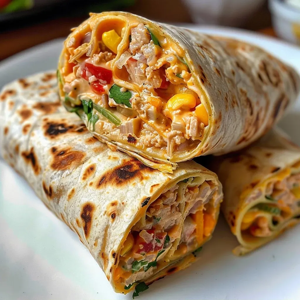 Close-up de um wrap de atum cortado, mostrando seu recheio saboroso.